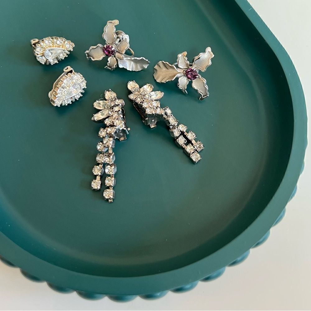 3 Piece Lot Vintage 1950s / 1960s Gorgeous Rhinestone Silver Clip Earrings